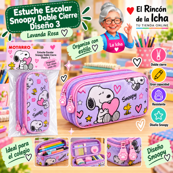 Estuche Escolar Snoopy Doble Cierre Diseño 3 Motarro