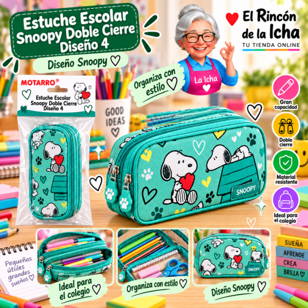 Estuche Escolar Snoopy Doble Cierre Diseño 4 Motarro