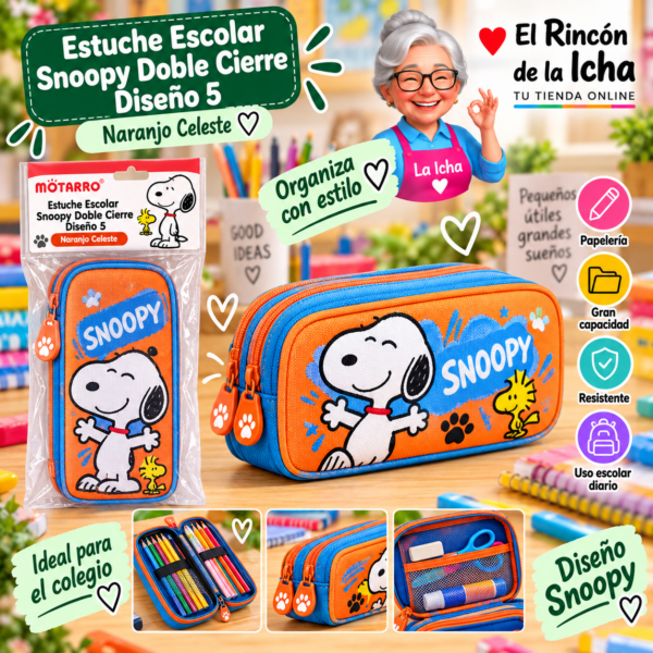 Estuche Escolar Snoopy Doble Cierre Diseño 5 Motarro