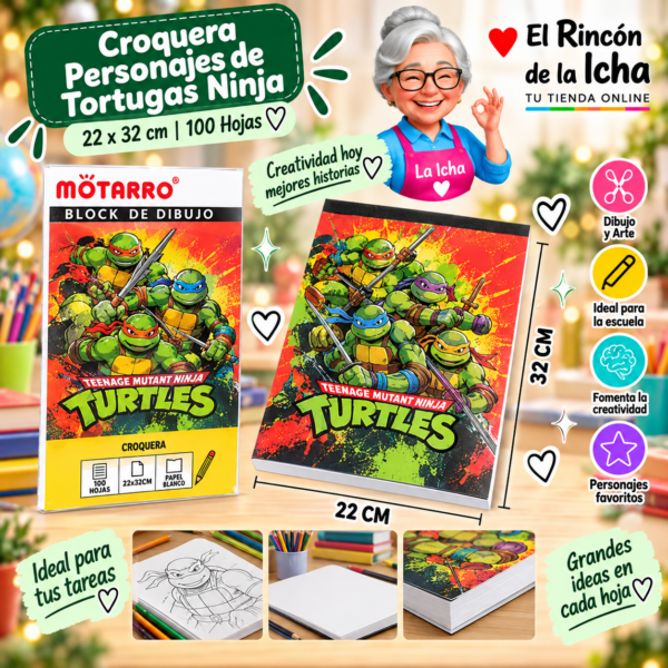 Croquera Tortugas Ninja 22 x 32 cm 100 Hojas Diseño 4 Motarro