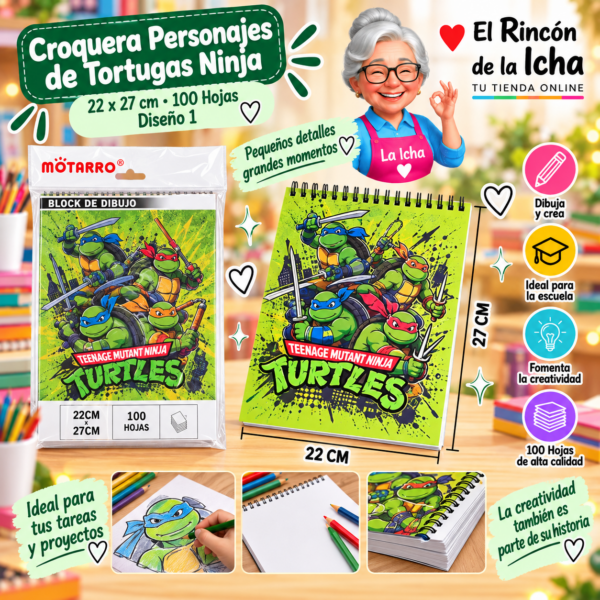 Croquera Tortugas Ninja 22 x 27 cm 100 Hojas Diseño 1 Motarro