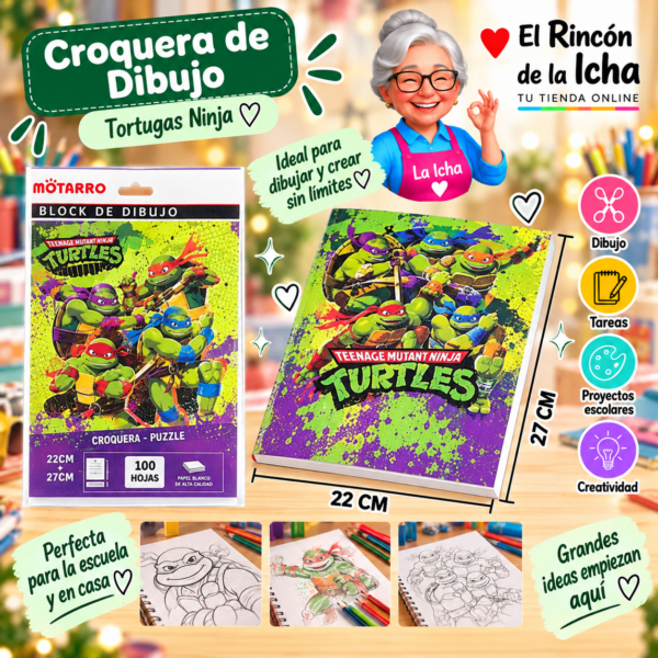 Croquera Tortugas Ninja 22 x 27 cm 100 Hojas Diseño 2 Motarro