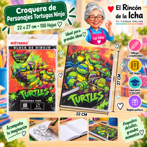 Croquera Tortugas Ninja 22 x 27 cm 100 Hojas Diseño 3 Motarro