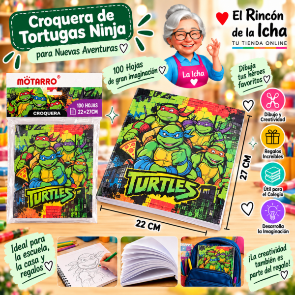 Croquera Tortugas Ninja 22 x 27 cm 100 Hojas Diseño 4 Motarro