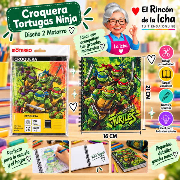 Croquera Tortugas Ninja 16 x 21 cm 100 Hojas Diseño 2 Motarro