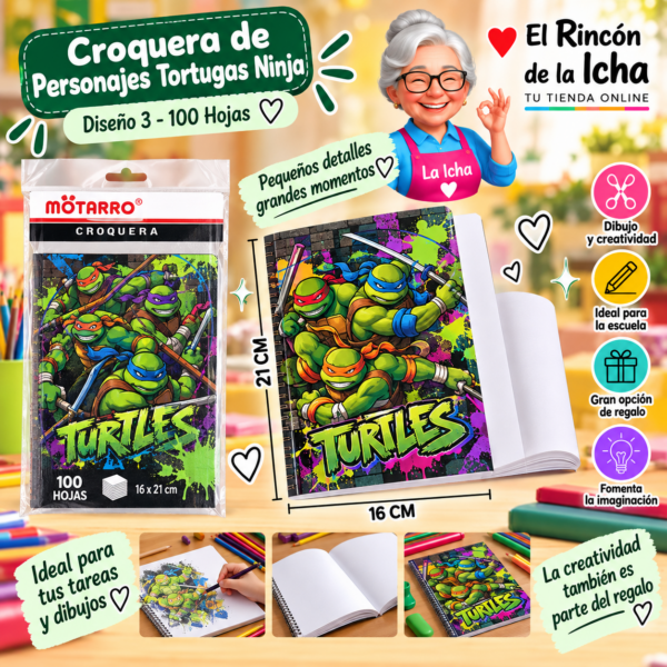Croquera Tortugas Ninja 16 x 21 cm 100 Hojas Diseño 3 Motarro