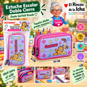 RI-0005541 Estuche Garfield Rosado Doble Cierre 20 x 13 x 6 cm Motarro