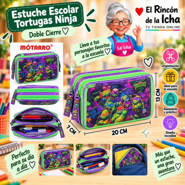Estuche Tortugas Ninja Verde Doble Cierre 20 x 13 x 7 cm Diseño 1 Motarro