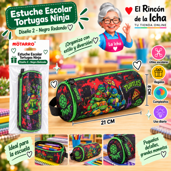 Estuche Tortugas Ninja Negro Redondo 21 x 8 cm Diseño 2 Motarro