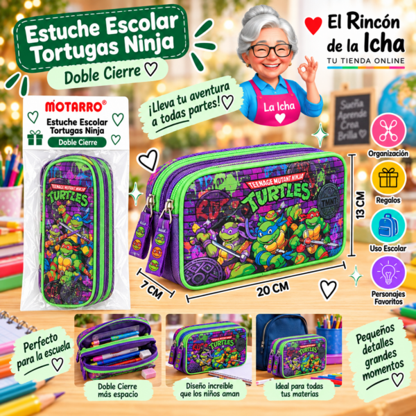 Estuche Tortugas Ninja Verde Doble Cierre 20 x 13 x 7 cm Diseño 2 Motarro