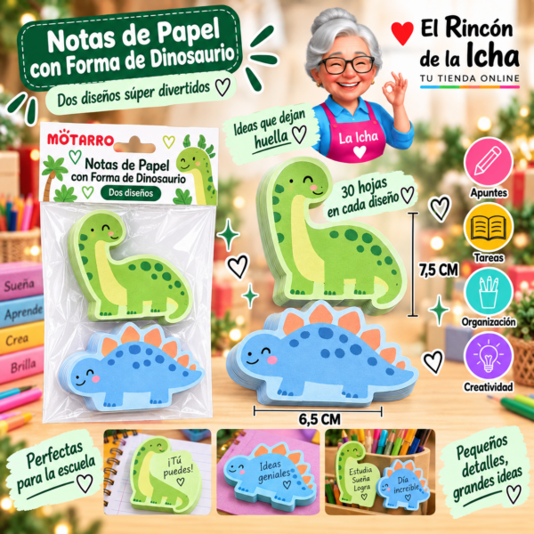 Notas de Papel con Forma de Dinosaurio 30 Hojas 6,5 x 7,5 cm Motarro