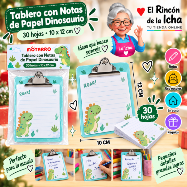 Tablero con Notas de Papel Dinosaurio 30 Hojas 10 x 12 cm Motarro