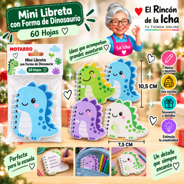 Mini Libreta con Forma de Dinosaurio 60 Hojas 10,5 x 7,5 cm Motarro