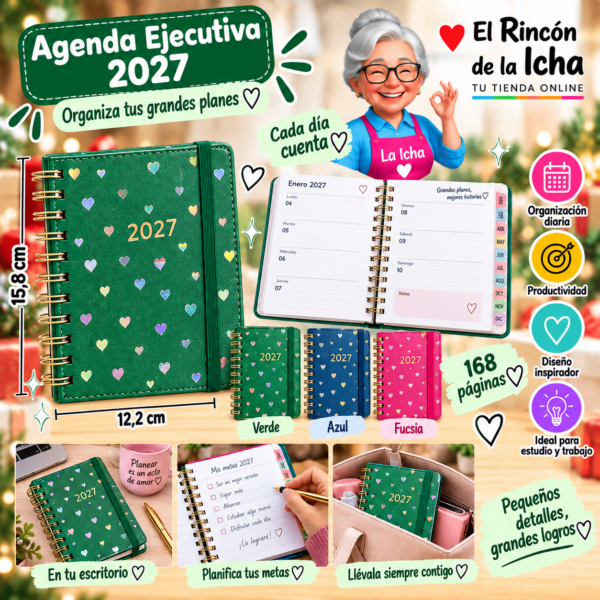 Agenda Ejecutiva 2027 A6 Anillada 168 Páginas 12,2 x 15,8 cm Diseño Corazones Holográficos Motarro