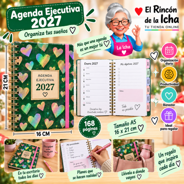 Agenda Ejecutiva 2027 A5 Anillada 168 Páginas 16 x 21 cm Diseño Corazones Holográficos Motarro