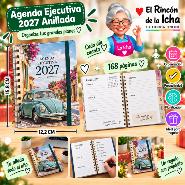 Agenda Ejecutiva 2027 A6 Anillada 168 Páginas 12,2 x 15,8 cm Diseño Auto Vintage Motarro