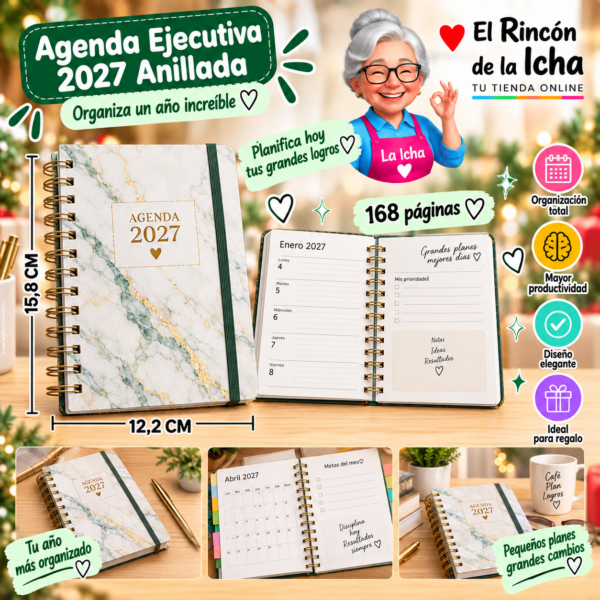 Agenda Ejecutiva 2027 A6 Anillada 168 Páginas 12,2 x 15,8 cm Diseño Mármol Motarro