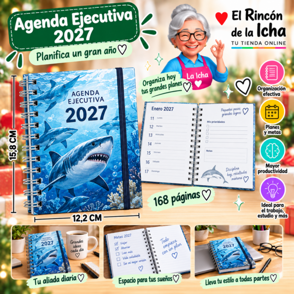 Agenda Ejecutiva 2027 A6 Anillada 168 Páginas 12,2 x 15,8 cm Diseño Tiburones Motarro