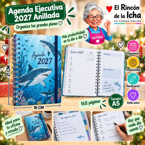 Agenda Ejecutiva 2027 A5 Anillada 168 Páginas 16 x 21 cm Diseño Tiburones Motarro