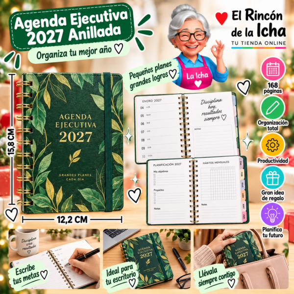 RI-0005586 Agenda Ejecutiva 2027 A6 Anillada 168 Páginas 12,2 x 15,8 cm Diseño Hojas con Letras Doradas Motarro