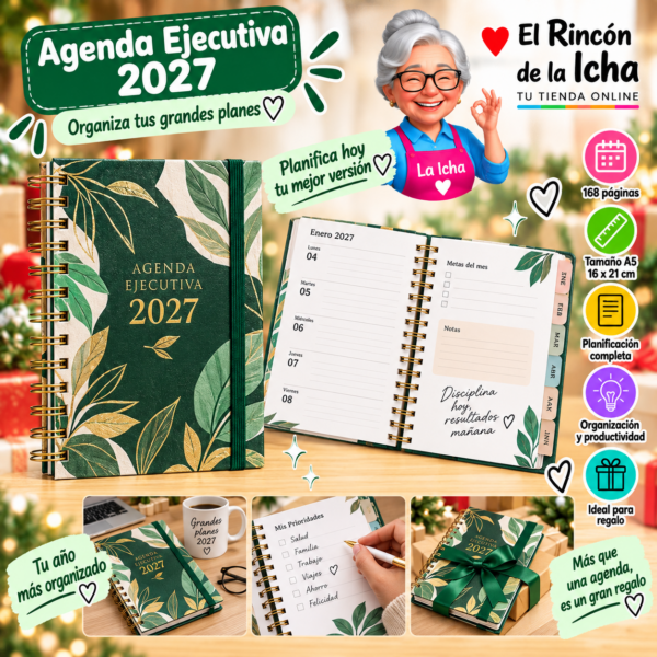 Agenda Ejecutiva 2027 A5 Anillada 168 Páginas 16 x 21 cm Diseño Hojas con Letras Doradas Motarro