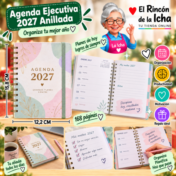 Agenda Ejecutiva 2027 A6 Anillada 168 Páginas 12,2 x 15,8 cm Diseño Colores Pastel Motarro