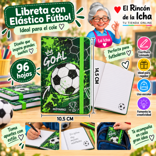 Libreta con Elástico Fútbol A6 96 Hojas 10,5 x 14,5 cm Motarro