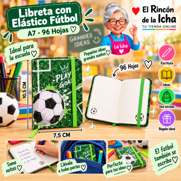 Libreta con Elástico Fútbol A7 96 Hojas 7,5 x 10,5 cm Motarro