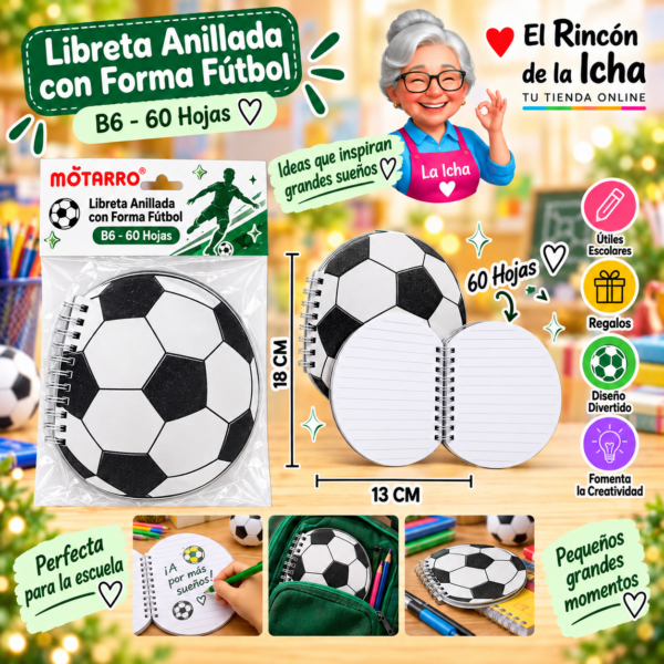 Libreta Anillada con Forma Fútbol B6 60 Hojas 13 x 18 cm Motarro