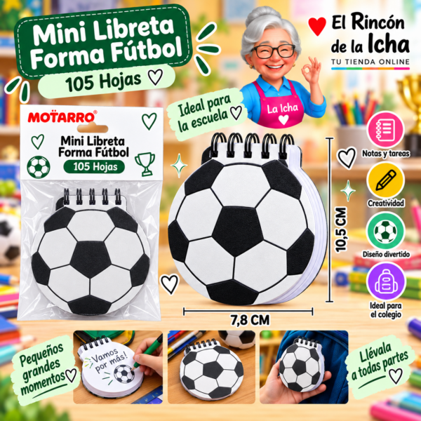 Mini Libreta con Forma Fútbol A7 105 Hojas 7,8 x 10,5 cm Motarro