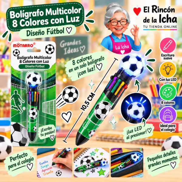 Bolígrafo Multicolor 8 Colores con Luz Fútbol 10,5 cm Motarro