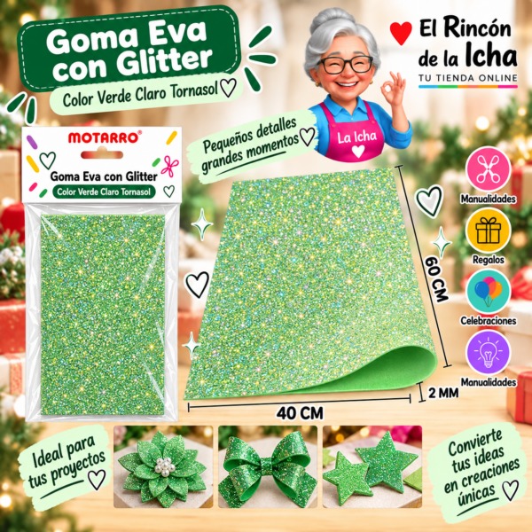 Goma Eva con Glitter Verde Claro Tornasol 40 x 60 cm 2 mm Motarro