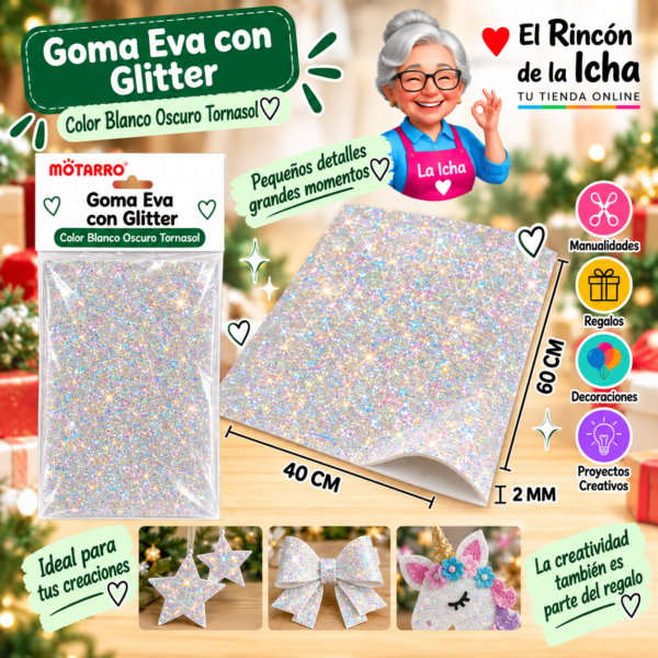 Goma Eva con Glitter Blanco Oscuro Tornasol 40 x 60 cm 2 mm Motarro
