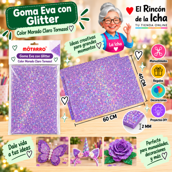 Goma Eva con Glitter Morado Claro Tornasol 40 x 60 cm 2 mm Motarro