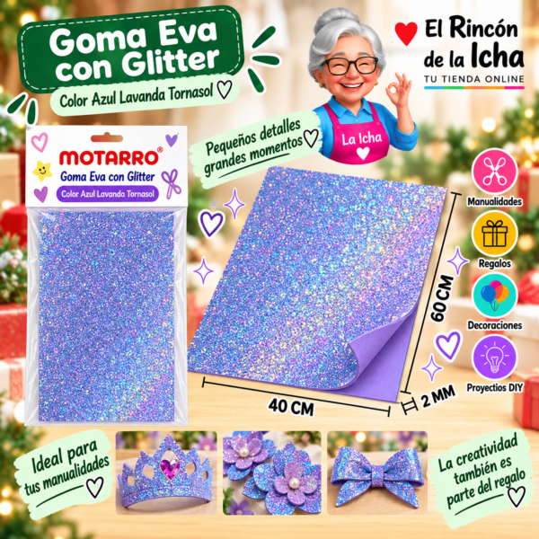 Goma Eva con Glitter Azul Lavanda Tornasol 40 x 60 cm 2 mm Motarro