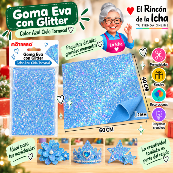 Goma Eva con Glitter Azul Cielo Tornasol 40 x 60 cm 2 mm Motarro