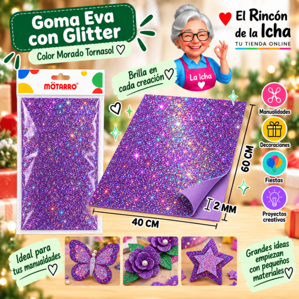 Goma Eva con Glitter Morado Tornasol 40 x 60 cm 2 mm Motarro