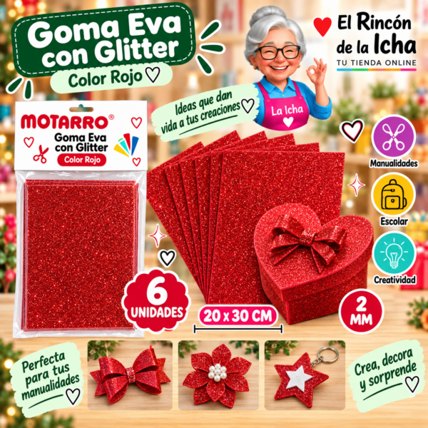RI-0005661 Goma Eva con Glitter Roja 20 x 30 cm 2 mm - 6 Unidades Motarro