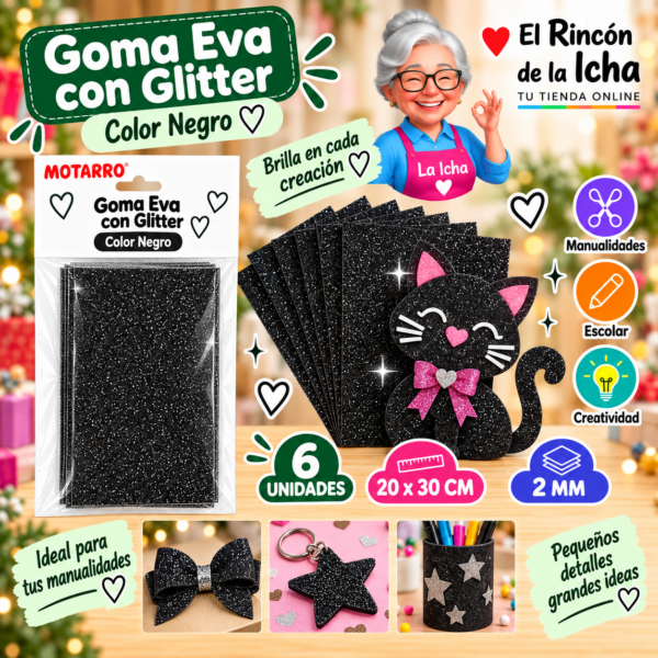 RI-0005662 Goma Eva con Glitter Negra 20 x 30 cm 2 mm - 6 Unidades Motarro
