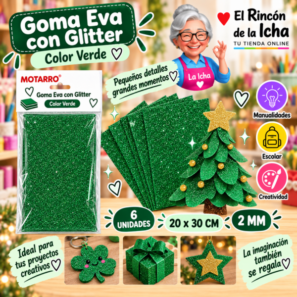 RI-0005664 Goma Eva con Glitter Verde 20 x 30 cm 2 mm - 6 Unidades Motarro
