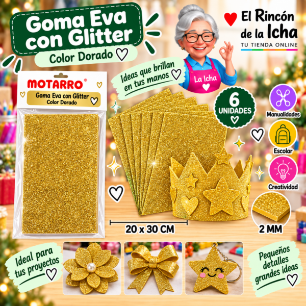 RI-0005665 Goma Eva con Glitter Dorada 20 x 30 cm 2 mm - 6 Unidades Motarro