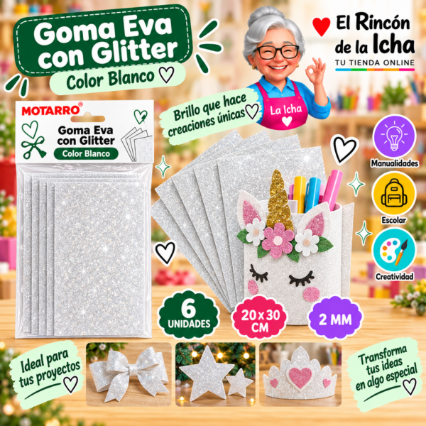 RI-0005666 Goma Eva con Glitter Blanca 20 x 30 cm 2 mm - 6 Unidades Motarro