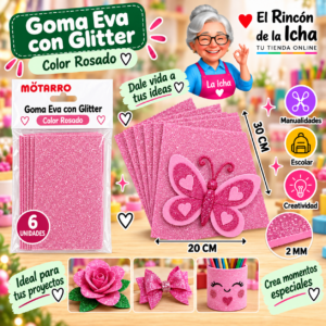 RI-0005667 Goma Eva con Glitter Rosada 20 x 30 cm 2 mm - 6 Unidades Motarro