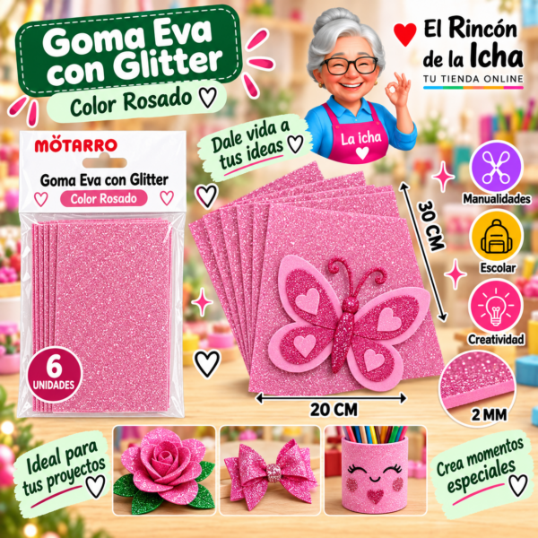 RI-0005667 Goma Eva con Glitter Rosada 20 x 30 cm 2 mm - 6 Unidades Motarro