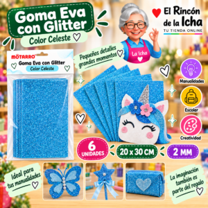 RI-0005668 Goma Eva con Glitter Celeste 20 x 30 cm 2 mm - 6 Unidades Motarro