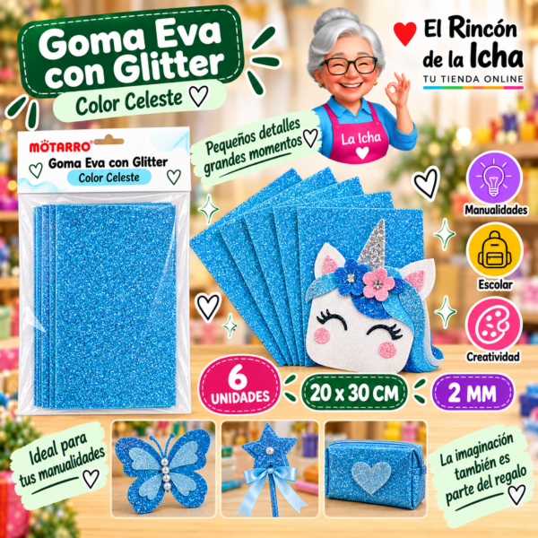 RI-0005668 Goma Eva con Glitter Celeste 20 x 30 cm 2 mm - 6 Unidades Motarro