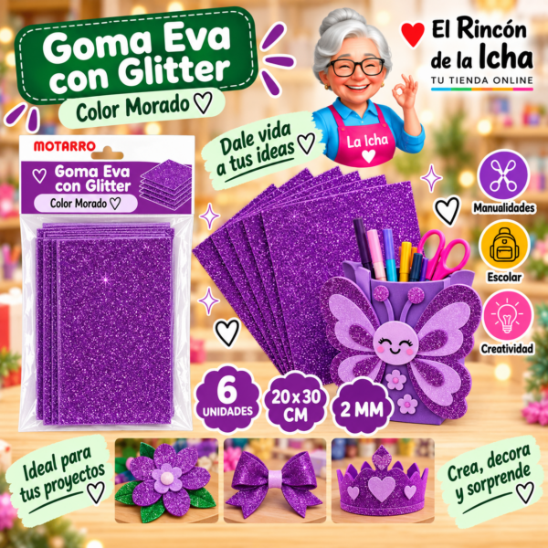 Goma Eva con Glitter Morada 20 x 30 cm 2 mm - 6 Unidades Motarro