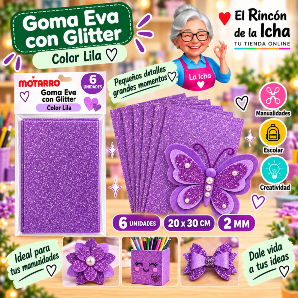 RI-0005670 Goma Eva con Glitter Lila 20 x 30 cm 2 mm - 6 Unidades Motarro