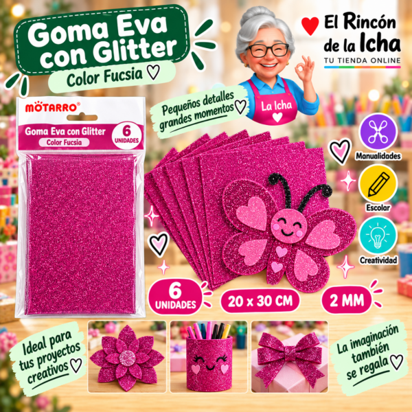 RI-0005671 Goma Eva con Glitter Fucsia 20 x 30 cm 2 mm - 6 Unidades Motarro