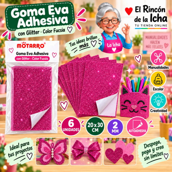RI-0005672 Goma Eva Adhesiva con Glitter Fucsia 20 x 30 cm 2 mm - 6 Unidades Motarro